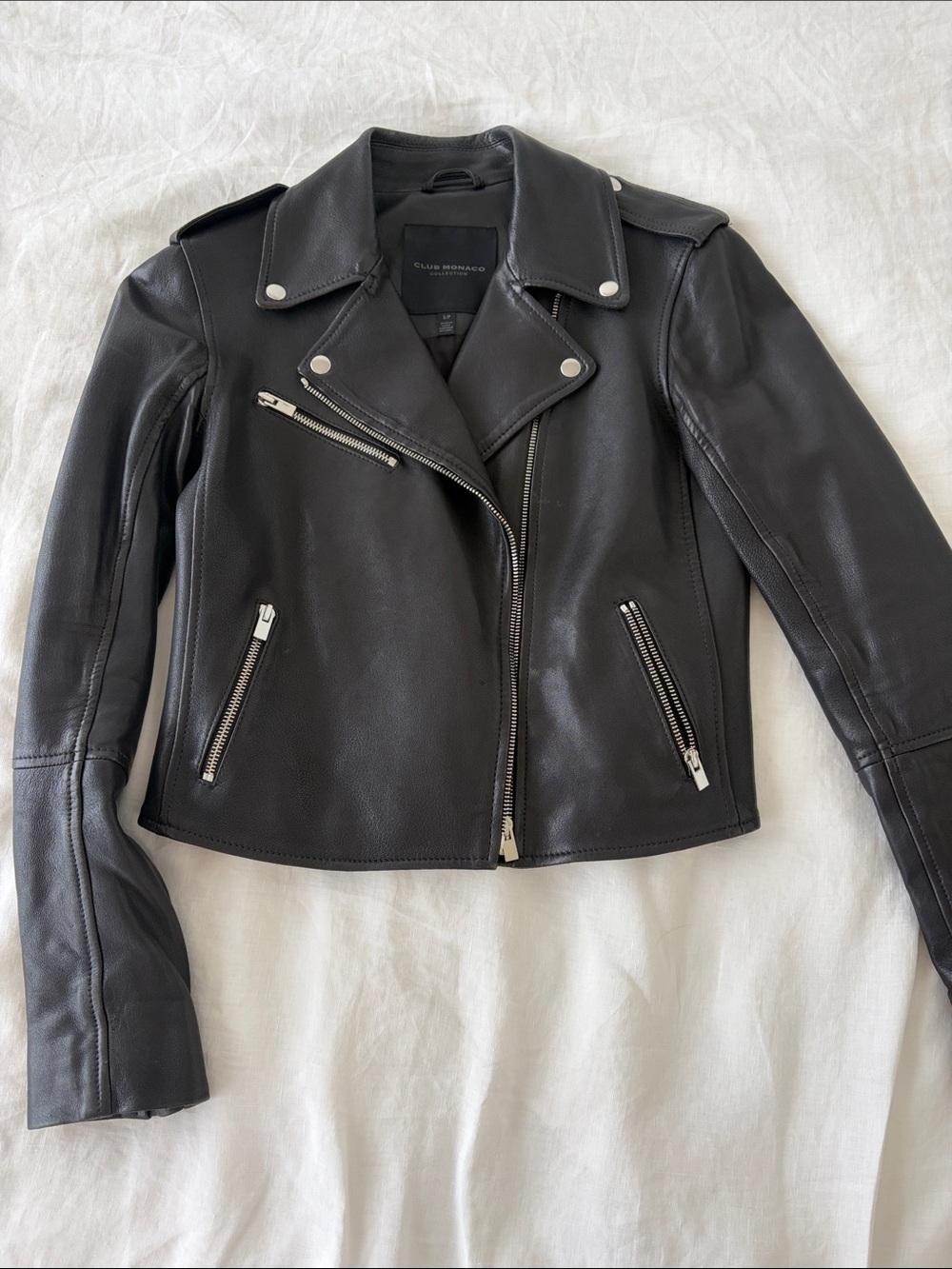 Club Monaco Black Leather Asymmetrical Moto Jacket